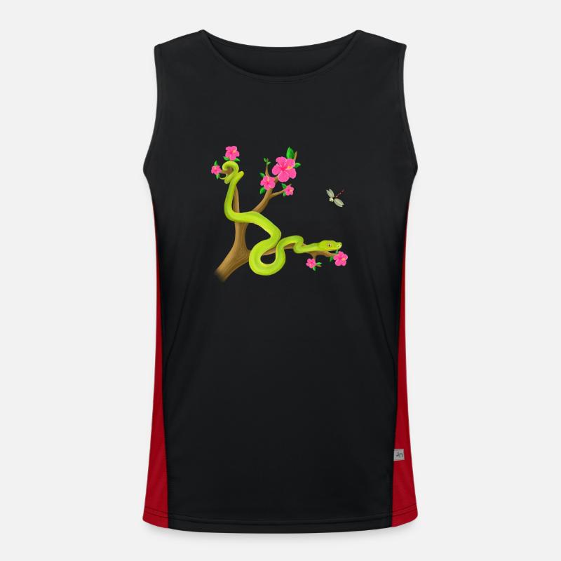 Der Grüne Python Schlange auf dem Baum mit Blümen Funktionelles Kontrast-Tank Top für Männer 