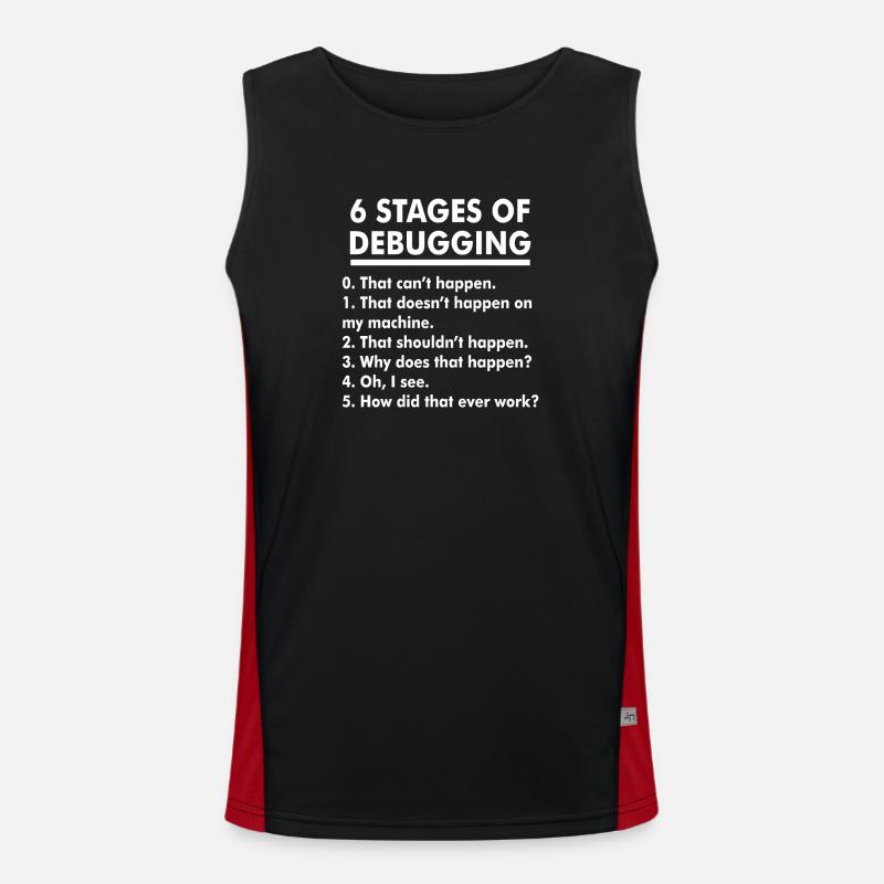 Humorous Debugging Stages Illustration - Men's Functional Contrast Tank Top  - black/red