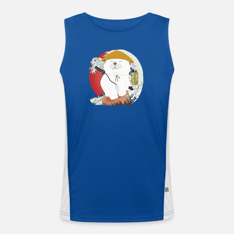 Samurai Katze sitzt auf dem Holz Funktionelles Kontrast-Tank Top für Männer 