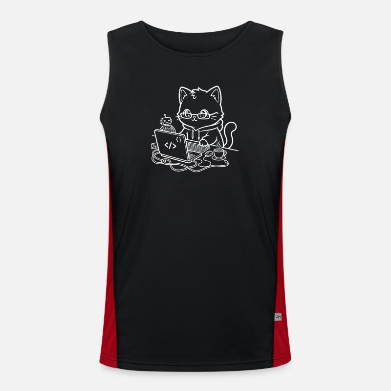 Coder Kawaii Katze Programmierer - Funktionelles Kontrast-Tank Top für Männer  - Schwarz/Rot