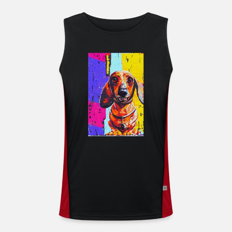 Modernes Pop-Art Print | Dackel mit Graffiti Bunt Funktionelles Kontrast-Tank Top für Männer 