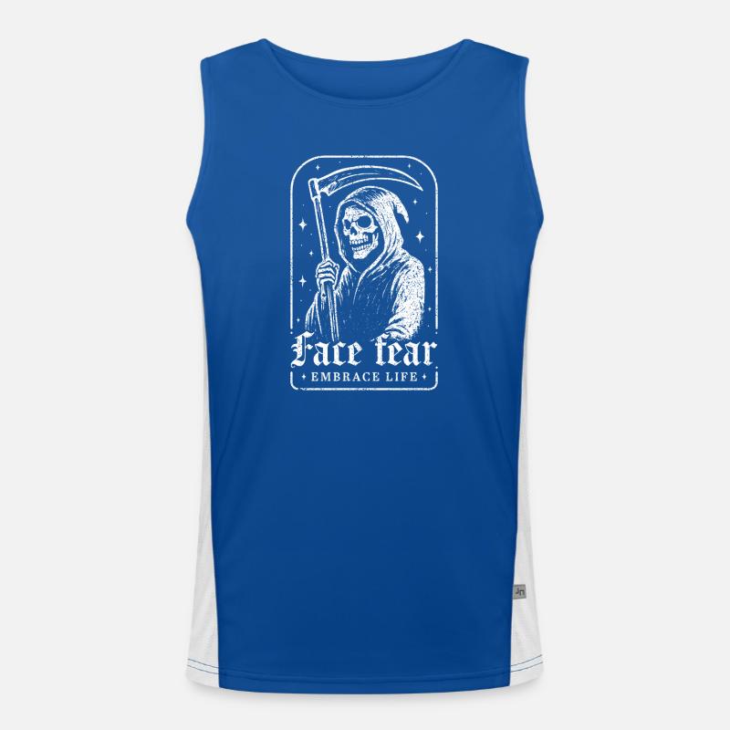 Stelle dich der Angst, umarme das Leben, Skelett, Sensenmann, Funktionelles Kontrast-Tank Top für Männer 