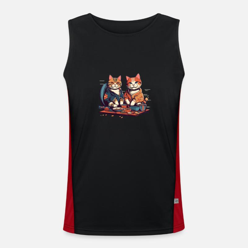 Comic cats eat sushi together Men's Functional Contrast Tank Top 