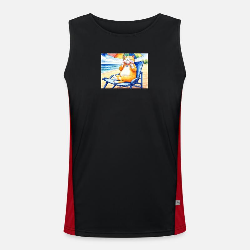 Katze am Strand mit Eiscreme - Men's Functional Contrast Tank Top - black/red