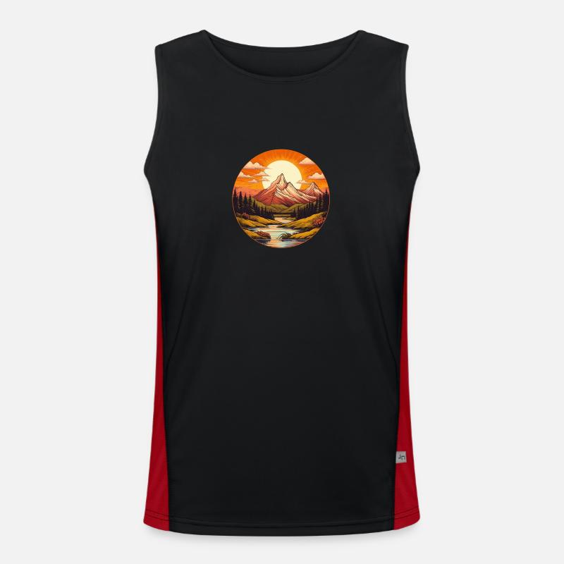 Mountains with a Great Sun, a River and Trees Men's Functional Contrast Tank Top 