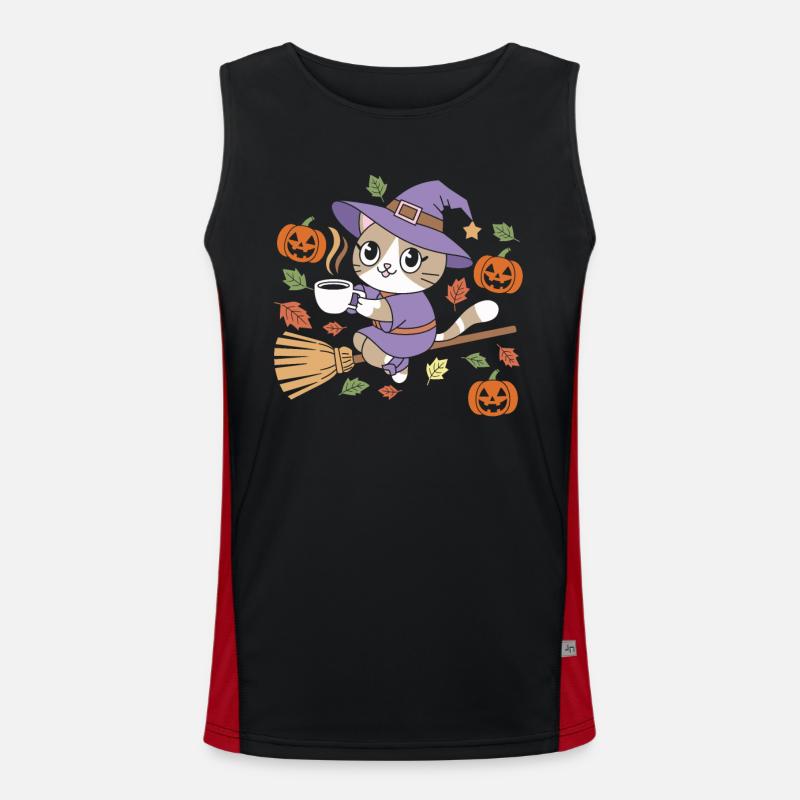 Chat mignon d’Halloween avec chapeau de sorcière et citrouilles Débardeur respirant contrasté Homme 
