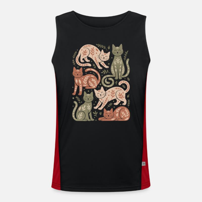 Cat Pattern with Leaf Motifs - Men's Functional Contrast Tank Top  - black/red