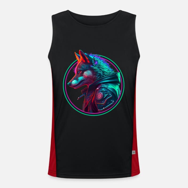 Neon Punk Wolf in leather jacket Men's Functional Contrast Tank Top 
