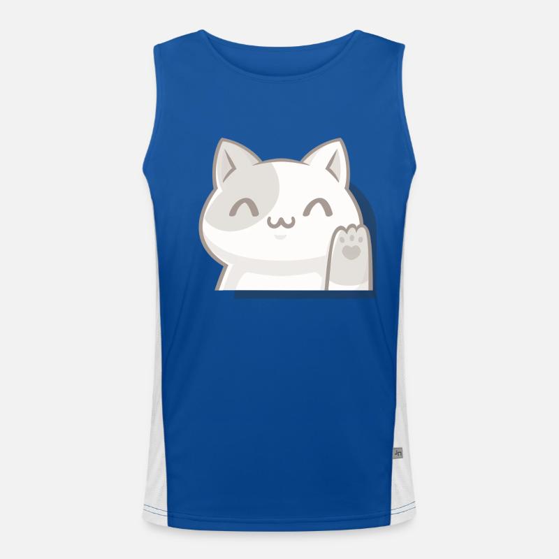 Waving Kawaii Cat, Chibi Style Lucky Charm Men's Functional Contrast Tank Top 