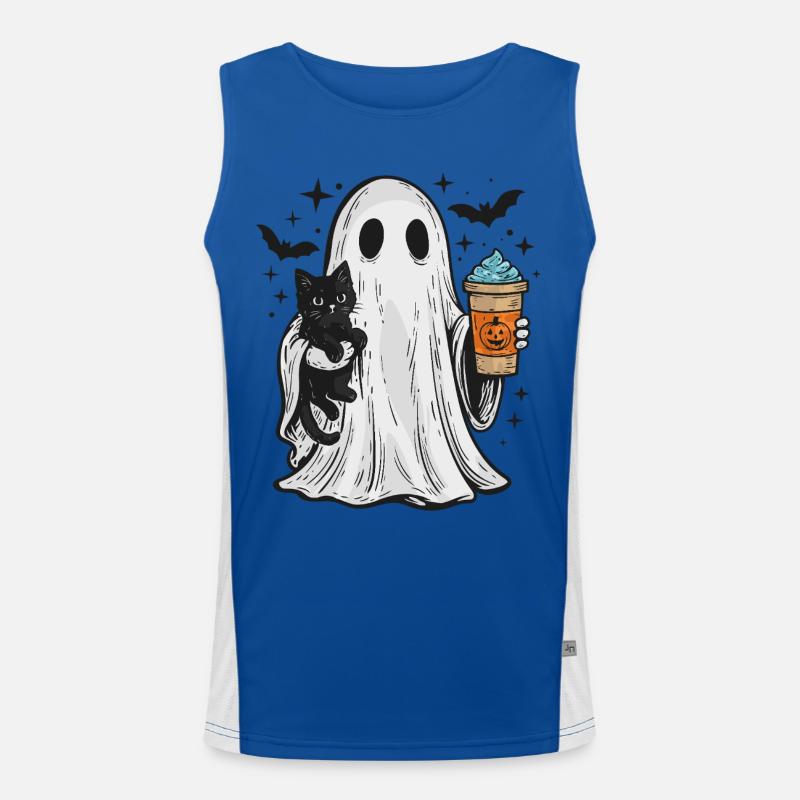 Halloween-Geist mit Katze und Kaffee Funktionelles Kontrast-Tank Top für Männer 