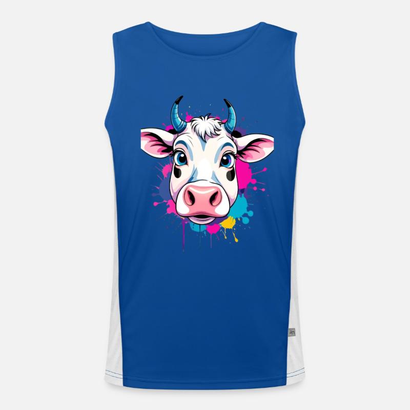 Bunte Kuh Kopf mit Farbspritzern Funktionelles Kontrast-Tank Top für Männer 