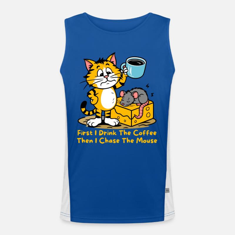 First I Drink The Coffee Funny Cat Mouse Coffee Funktionelles Kontrast-Tank Top für Männer 