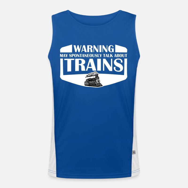 Warning May Spontaneously Talk About Trains Spruch Funktionelles Kontrast-Tank Top für Männer 