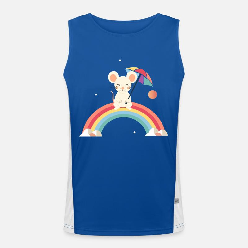 Fröhliche Maus mit Schirm auf Regenbogen Funktionelles Kontrast-Tank Top für Männer 