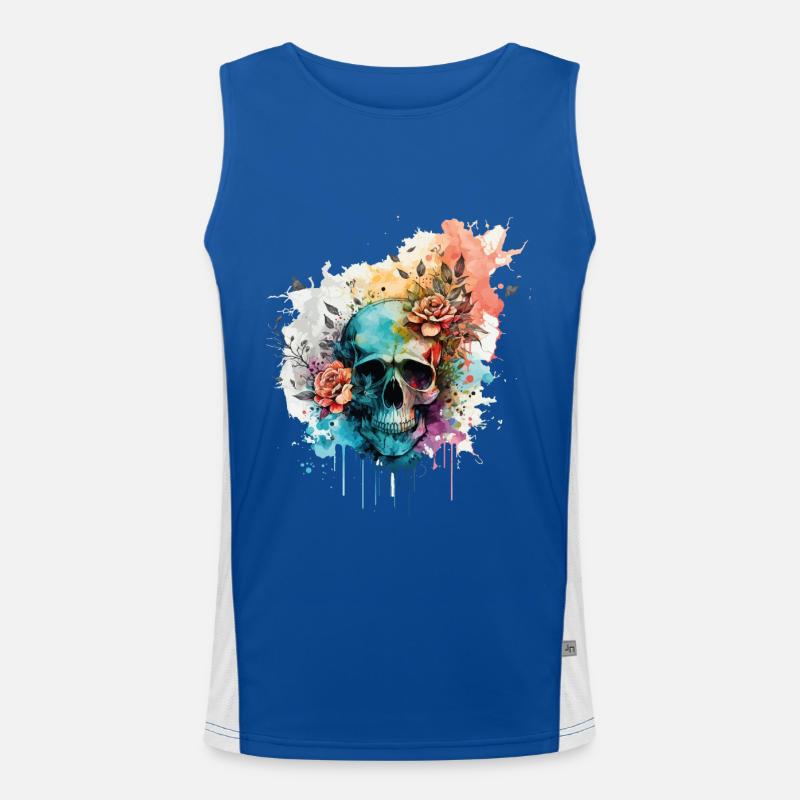 Crâne Squelette Fleurs Roses Splash Débardeur respirant contrasté Homme 