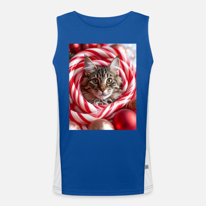 Christmas cat between candy sticks Men's Functional Contrast Tank Top 