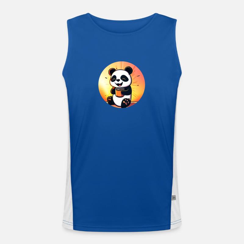 Cute panda sitting and drinking COFFEE Men's Functional Contrast Tank Top 