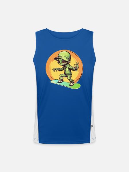 Alien auf dem Space-Skateboard beim Sunset - Funktionelles Kontrast-Tank Top für Männer  - Royal/Weiß - Vorne