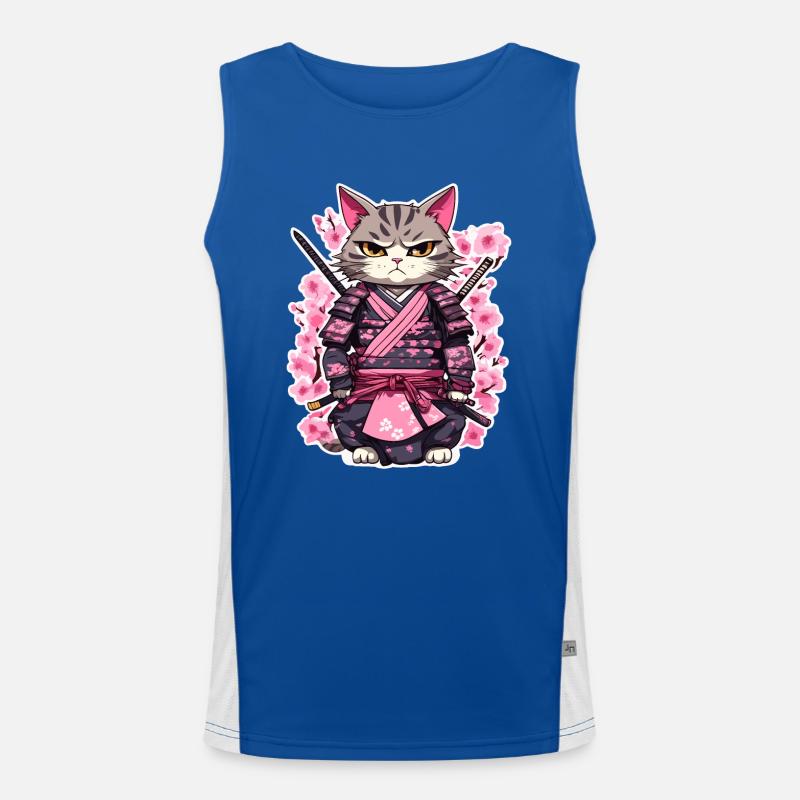 Samurai Cat & Cherry Blossoms #7 - Men's Functional Contrast Tank Top - royal/white