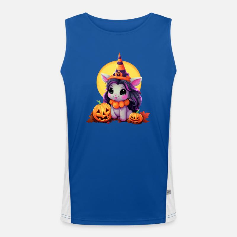 Licorne d’Halloween mignonne avec citrouille et chapeau de sorcière dans le Débardeur respirant contrasté Homme 