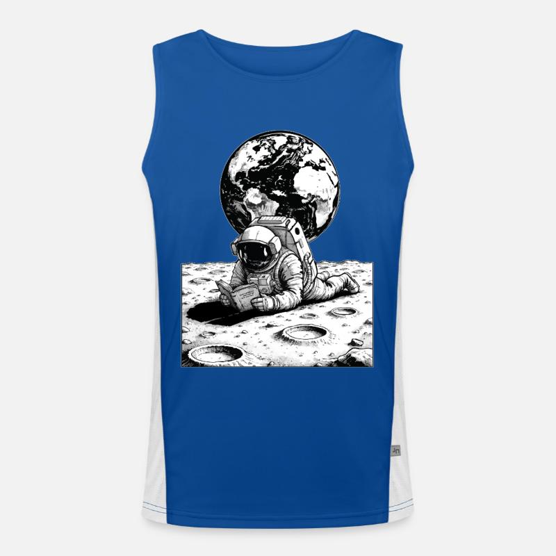 Astronaut Reading Moon Earth Men's Functional Contrast Tank Top 