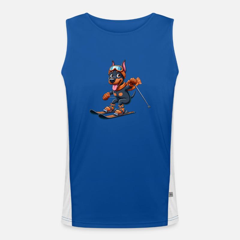 Dobermann auf Skiern - Winterurlaub im Comic-Stil Funktionelles Kontrast-Tank Top für Männer 