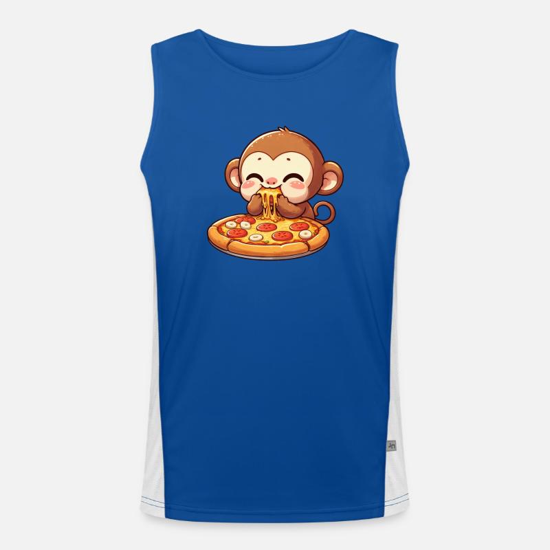 Chimpanzee eating pizza cheese lover Men's Functional Contrast Tank Top 