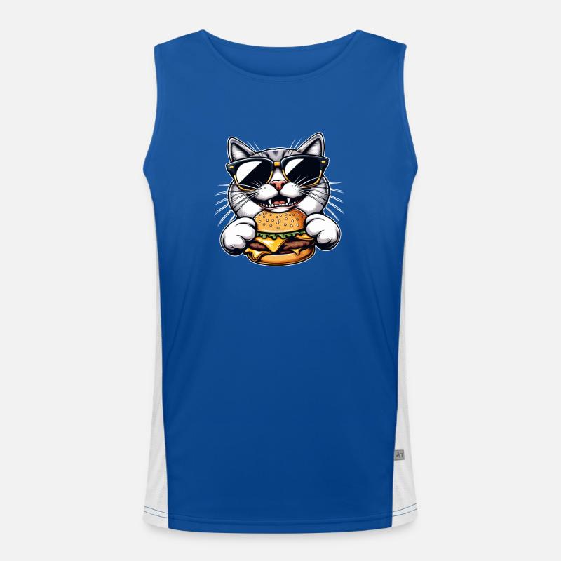 Coole Katze Nerd beim Hamburger Cheeseburger Essen Funktionelles Kontrast-Tank Top für Männer 