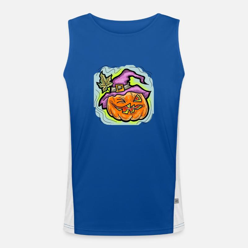 Scary Halloween pumpkin monster face head. Men's Functional Contrast Tank Top 