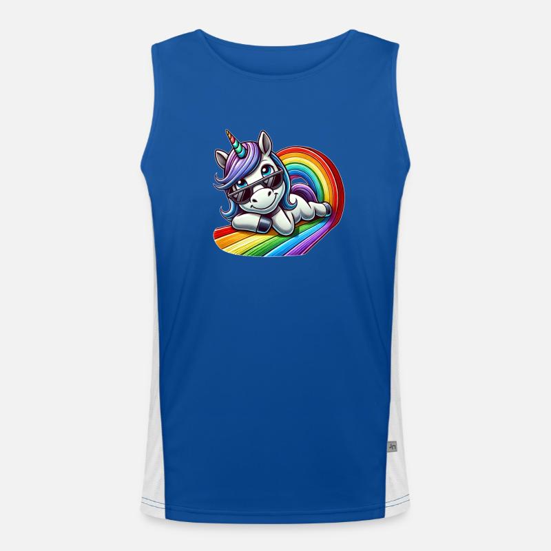 Cool unicorn rainbow riding waves relaxing Men's Functional Contrast Tank Top 