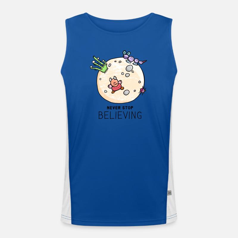 "Never Stop Believing" positiver Spruch mit Aliens Funktionelles Kontrast-Tank Top für Männer 