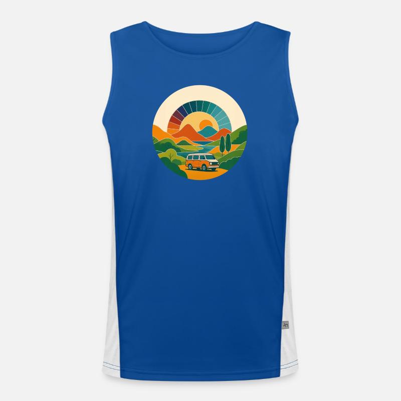 Retro Landschaft mit Van – Reise im Sonnenbogen Funktionelles Kontrast-Tank Top für Männer 