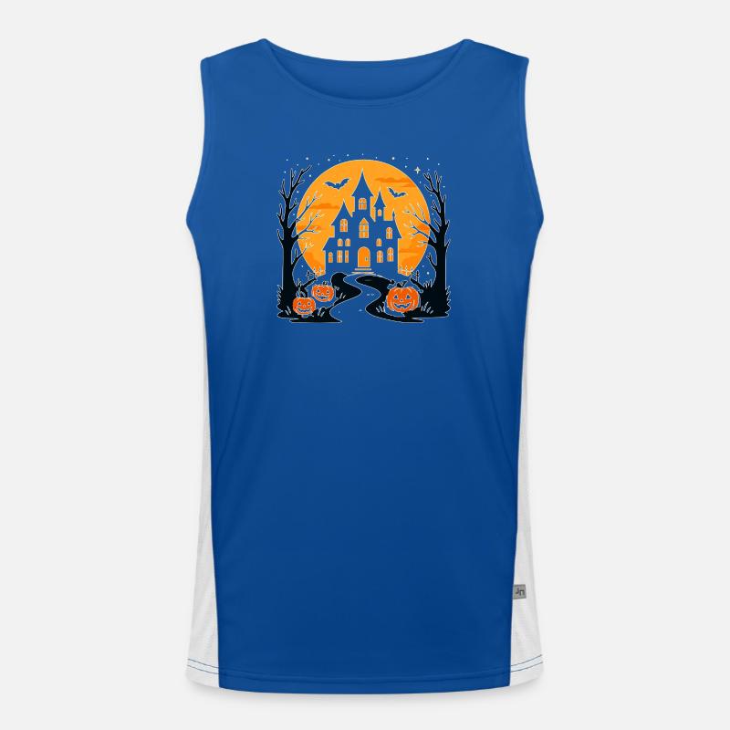 Spooky Halloween castle with pumpkins - Men's Functional Contrast Tank Top  - royal/white
