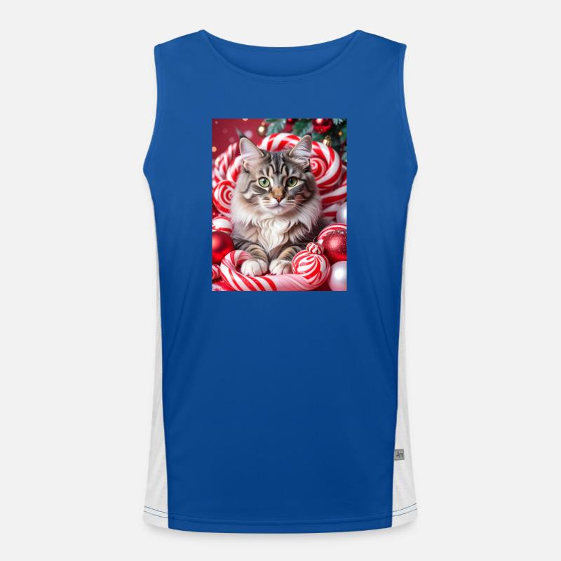 Christmas Cat between Candy Wreaths - Men's Functional Contrast Tank Top  - royal/white