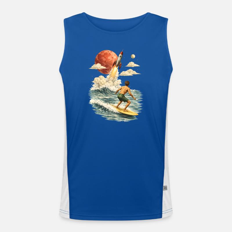 Surreal surf motif with rocket and moon Men's Functional Contrast Tank Top 