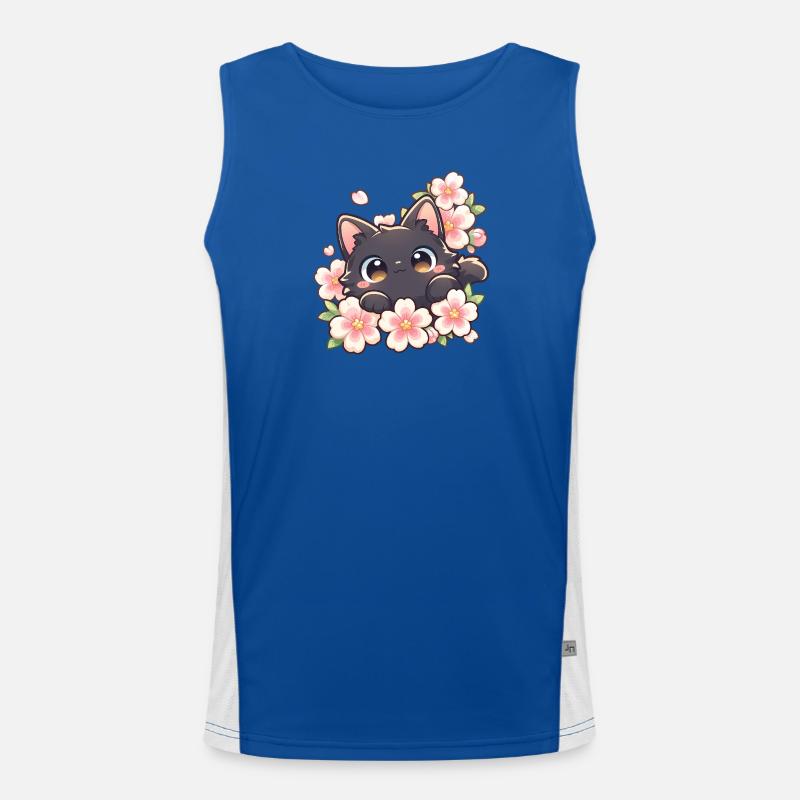 Cute Black Cat & Cherry Blossoms – Kawaii Sakura Men's Functional Contrast Tank Top 