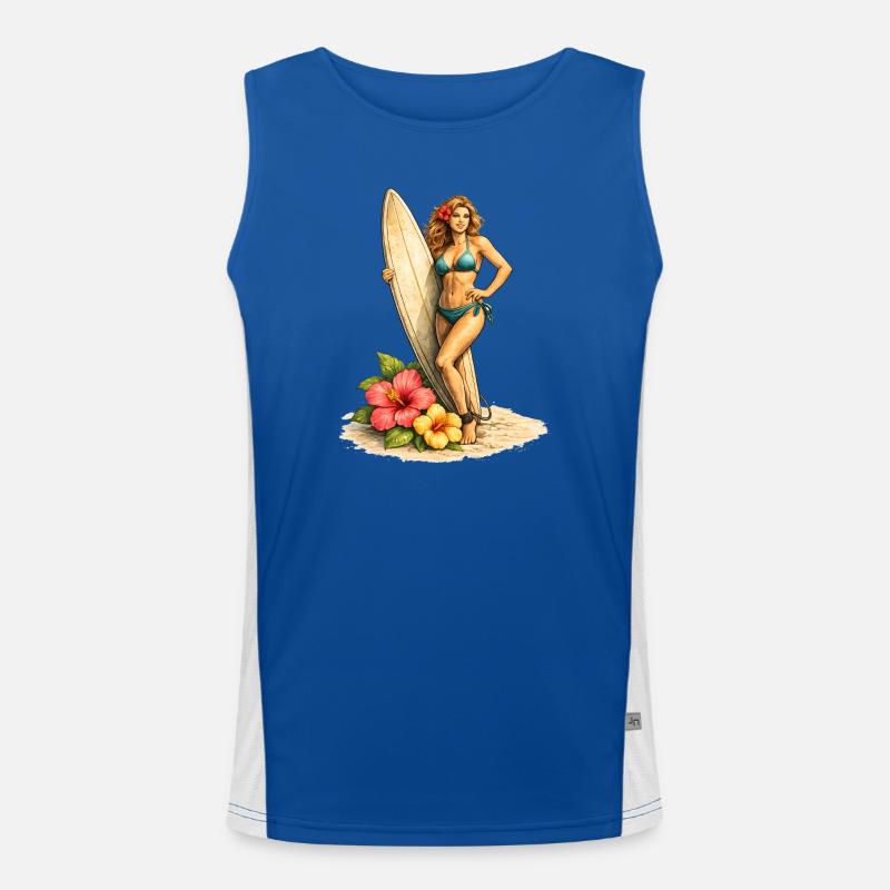 Surfeur avec planche et fleurs d’hibiscus Débardeur respirant contrasté Homme 