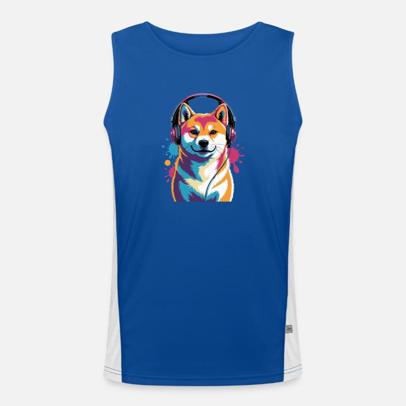 Shiba Inu Hund mit Kopfhörern Funktionelles Kontrast-Tank Top für Männer 