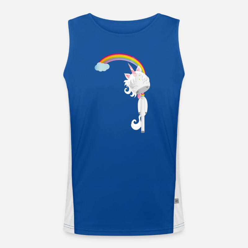 Einhorn hängt am Regenbogen Funktionelles Kontrast-Tank Top für Männer 