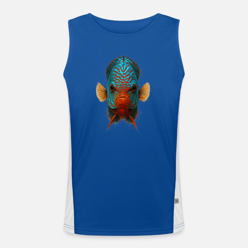 Blauer und oranger Diskusfisch mit intensiven Augen Funktionelles Kontrast-Tank Top für Männer 