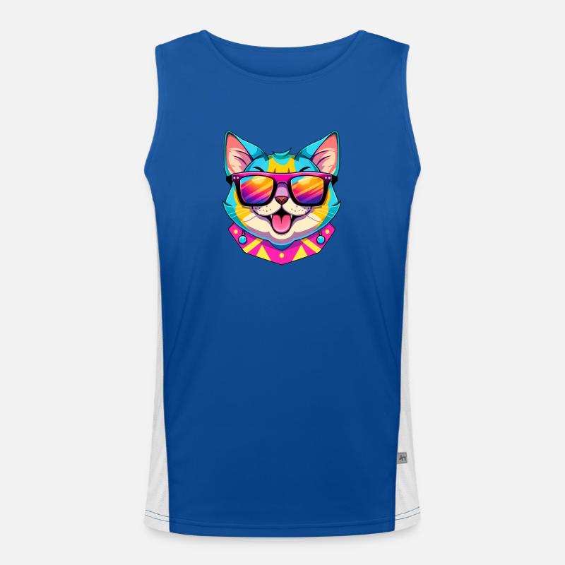Cool synthwave cat with sunglasses Men's Functional Contrast Tank Top 