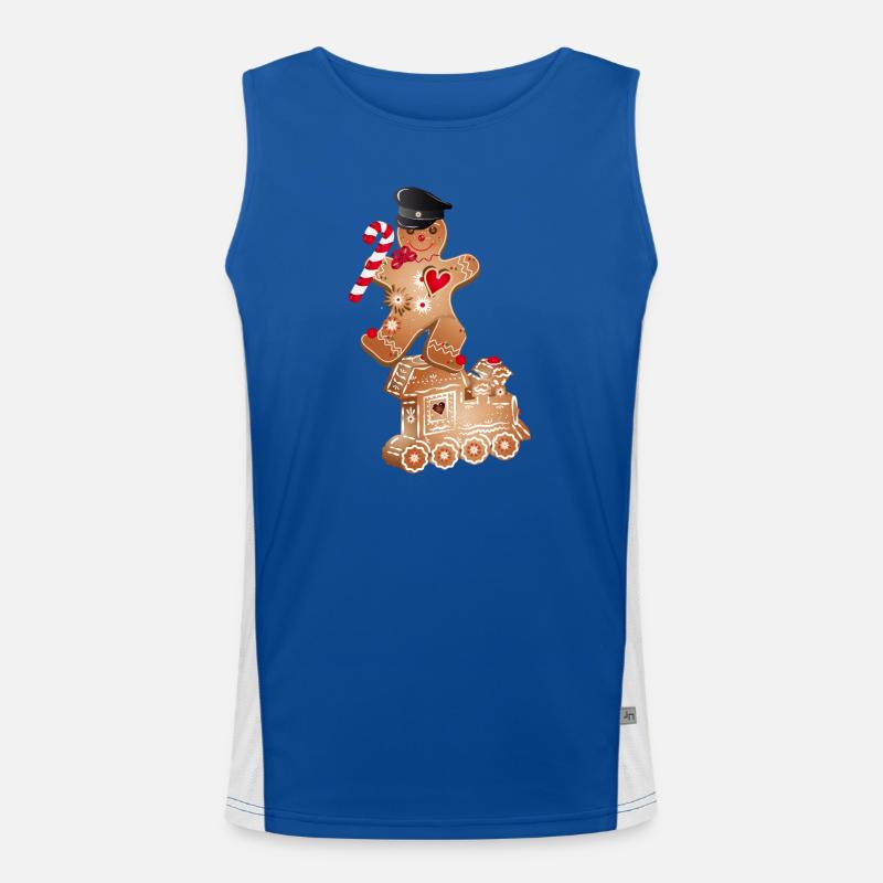 Gingerbread man as engine driver on the gingerbread locomotive Men's Functional Contrast Tank Top 