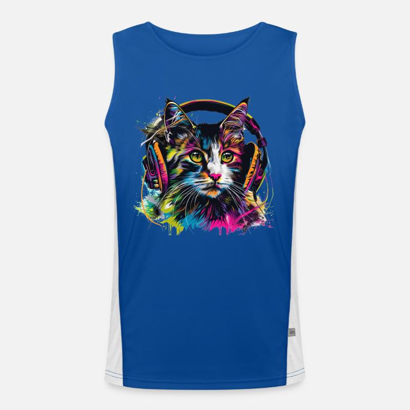 Katze mit großen Kopfhörern Funktionelles Kontrast-Tank Top für Männer 