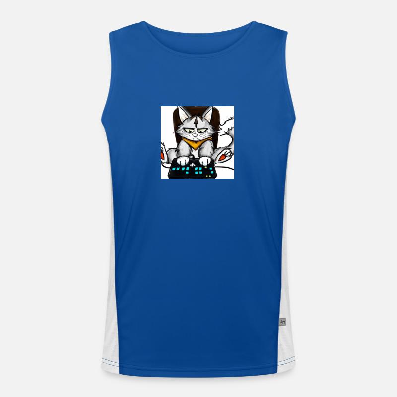 Cat Playing Computer Games Comic - Men's Functional Contrast Tank Top  - royal/white