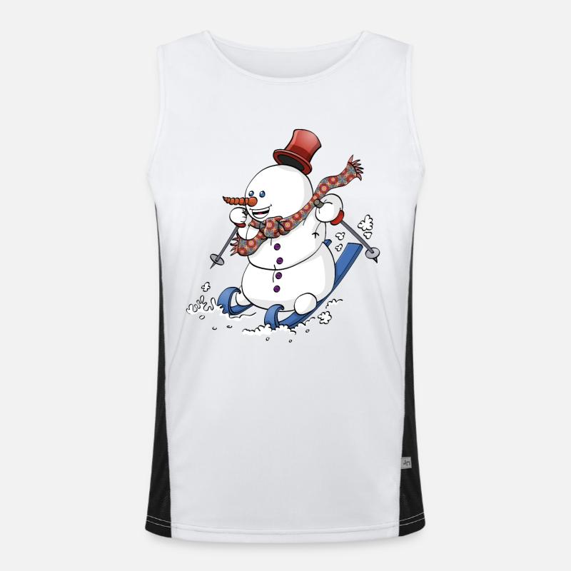 Fröhlicher Schneemann auf Skiern mit roter Mütze. Funktionelles Kontrast-Tank Top für Männer 