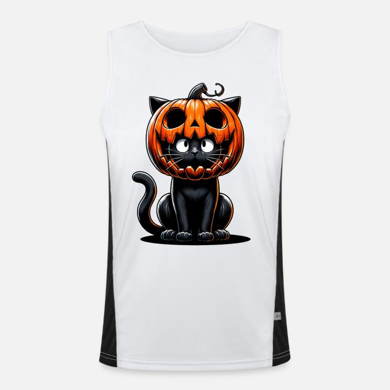 Mignon chat noir Halloween design costume de citrouille Débardeur respirant contrasté Homme 