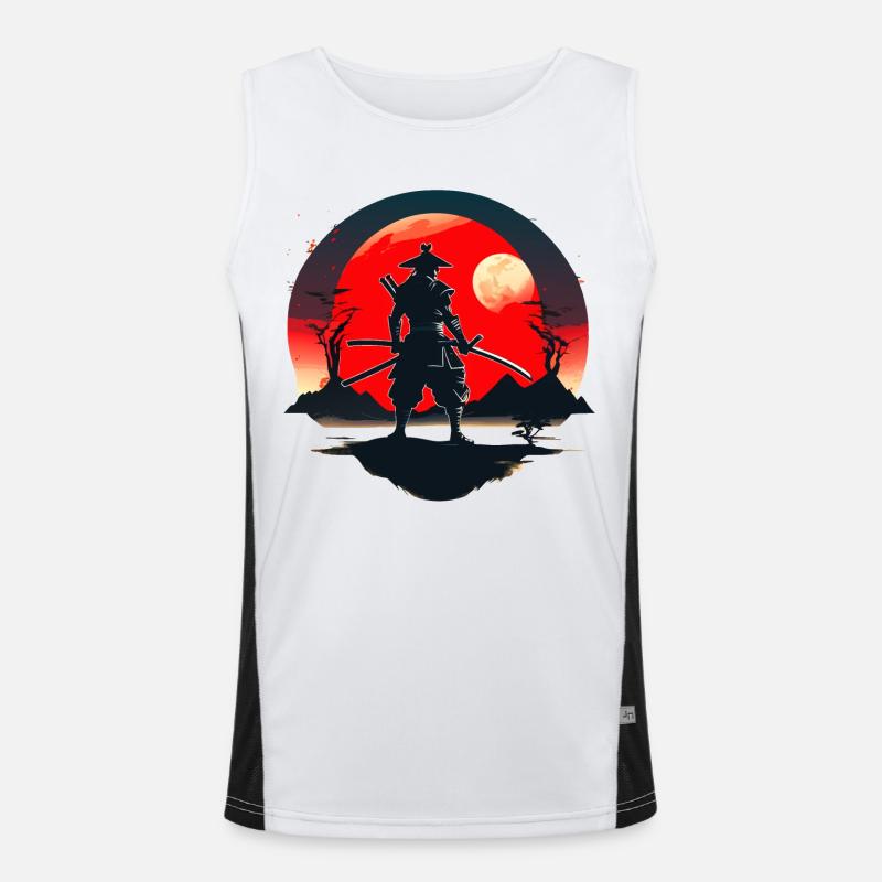 Samurai-Silhouette mit rotem Mondhintergrund Funktionelles Kontrast-Tank Top für Männer 
