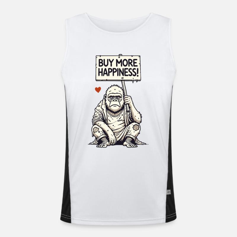 Satirischer Gorilla mit Schild: Kauft mehr Glück Funktionelles Kontrast-Tank Top für Männer 