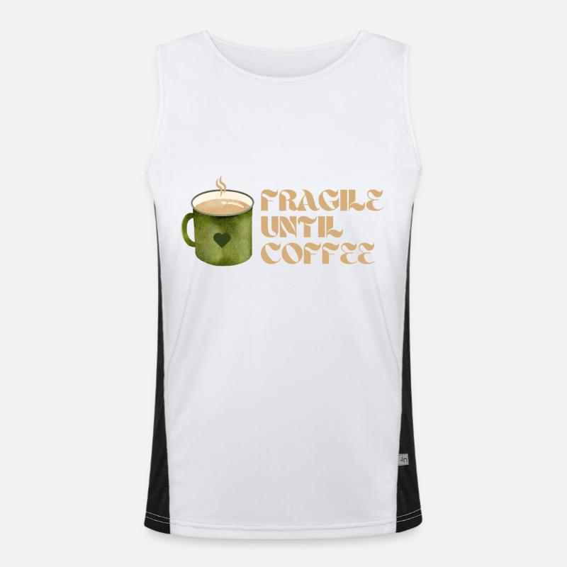 Fragile Until Coffee – Lustiges Kaffee-Design Funktionelles Kontrast-Tank Top für Männer 