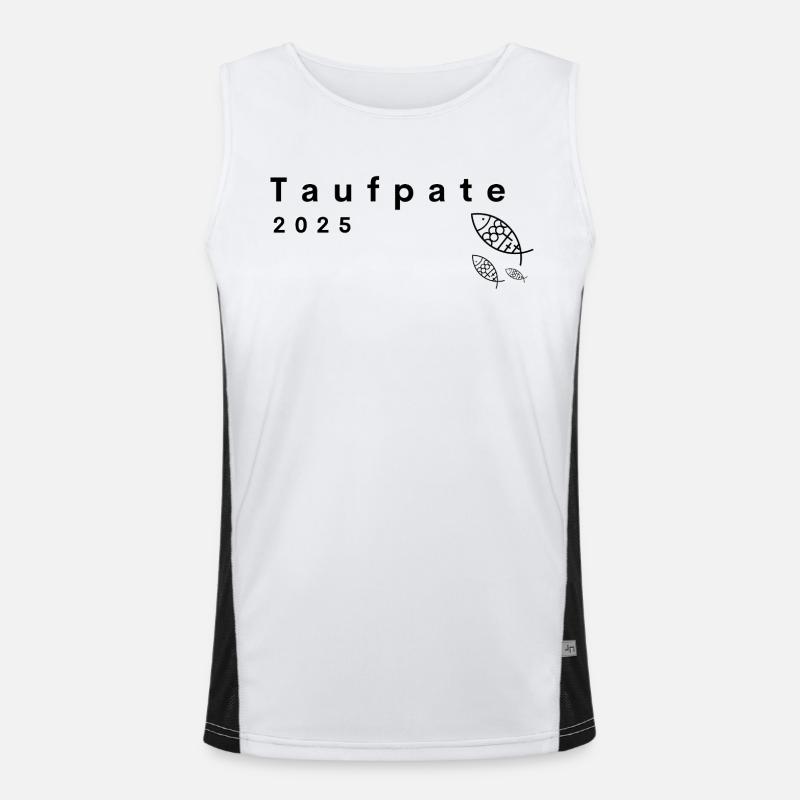 Taufpate 2025 Fische 3 Kreuze klar Querformat Funktionelles Kontrast-Tank Top für Männer 